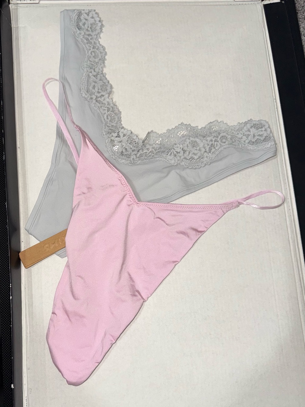 SKIMS Pink & Light Gray Lace-Trim Thongs